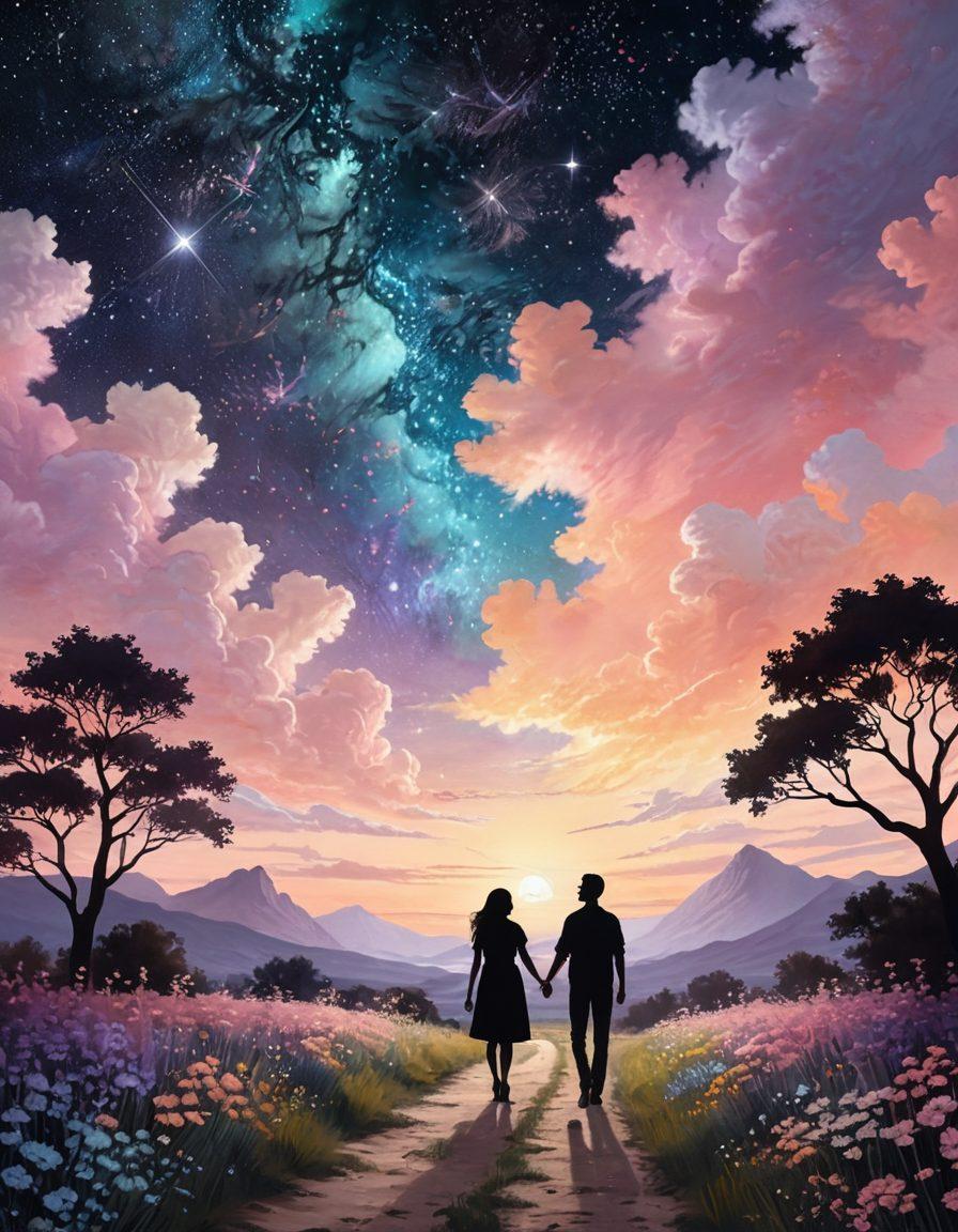 A romantic landscape featuring two silhouettes holding hands under a starry sky, surrounded by blossoming flowers symbolizing growth and love. Soft pastel colors should create a warm, inviting atmosphere, while gentle rays of light illuminate their path, symbolizing guidance and hope. The background should feature whimsical clouds and a distant horizon, evoking a sense of adventure together. super-realistic. vibrant colors. ethereal ambiance.