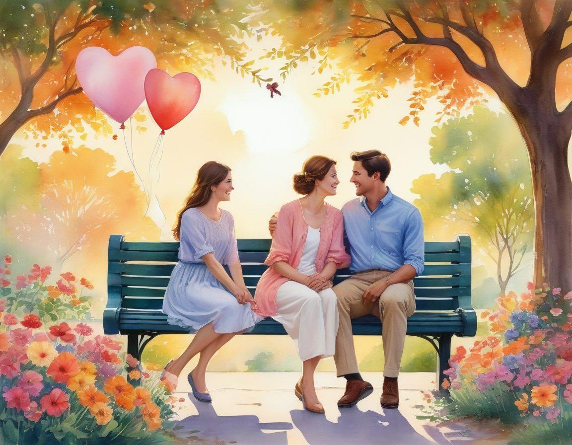 A picturesque scene featuring a couple sitting on a park bench, surrounded by blooming flowers symbolizing love, deep in conversation with soft smiles on their faces. The sun sets in the background, casting a warm golden hue over the scene, creating a romantic atmosphere. Include elements like heart-shaped balloons floating above and gentle butterflies fluttering around. watercolor painting. pastel colors.