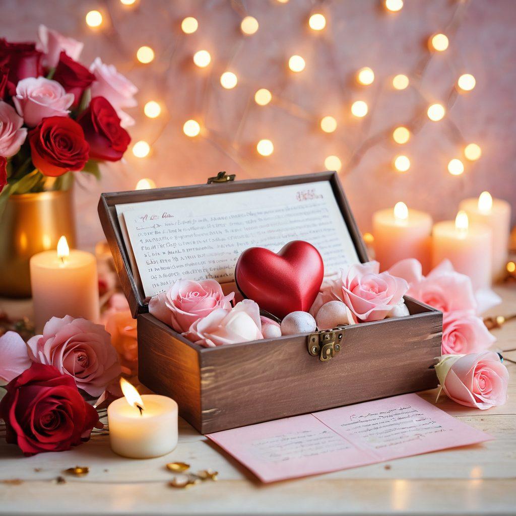 A beautifully arranged toolkit filled with romantic gesture items like love letters, a heart-shaped box, candles, and flowers, set against a soft, dreamy background. Delicate bokeh lights twinkle around the scene, evoking warmth and intimacy. The color palette features soft pinks, reds, and golds. super-realistic. vibrant colors. dreamy background.